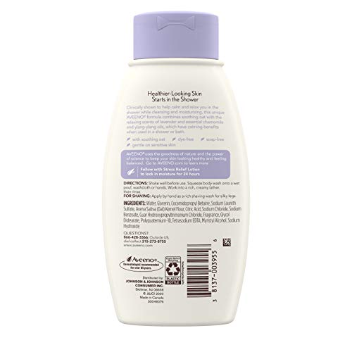 Aveeno Stress Relief Body Wash with Soothing Oat, Lavender, Chamomile & Ylang-Ylang Essential Oils, Dye- & Soap-Free Calming Body Wash for Shower Gentle on Sensitive Skin, 12 fl. oz